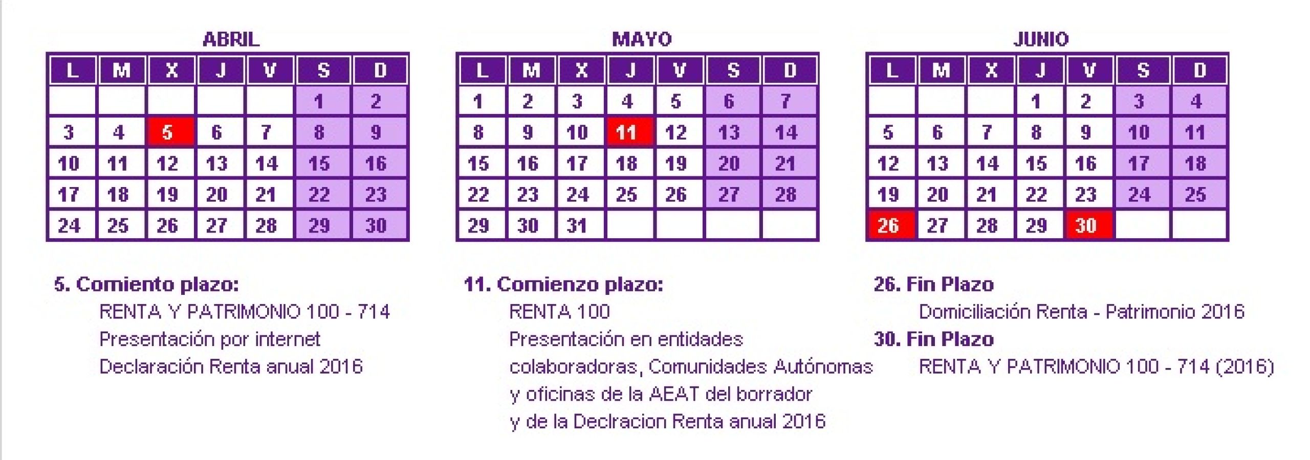 Calendario Renta 2016