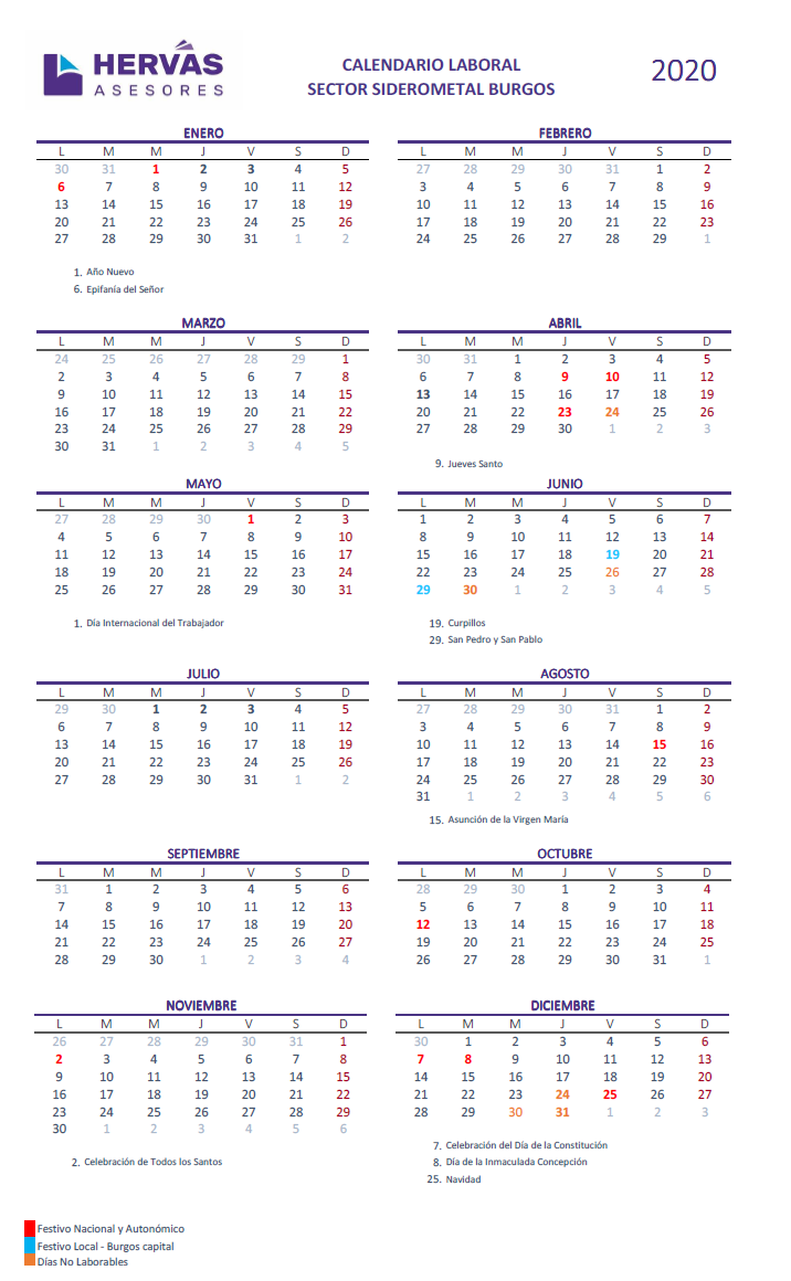 Calendarios Laborales 2020 Burgos
