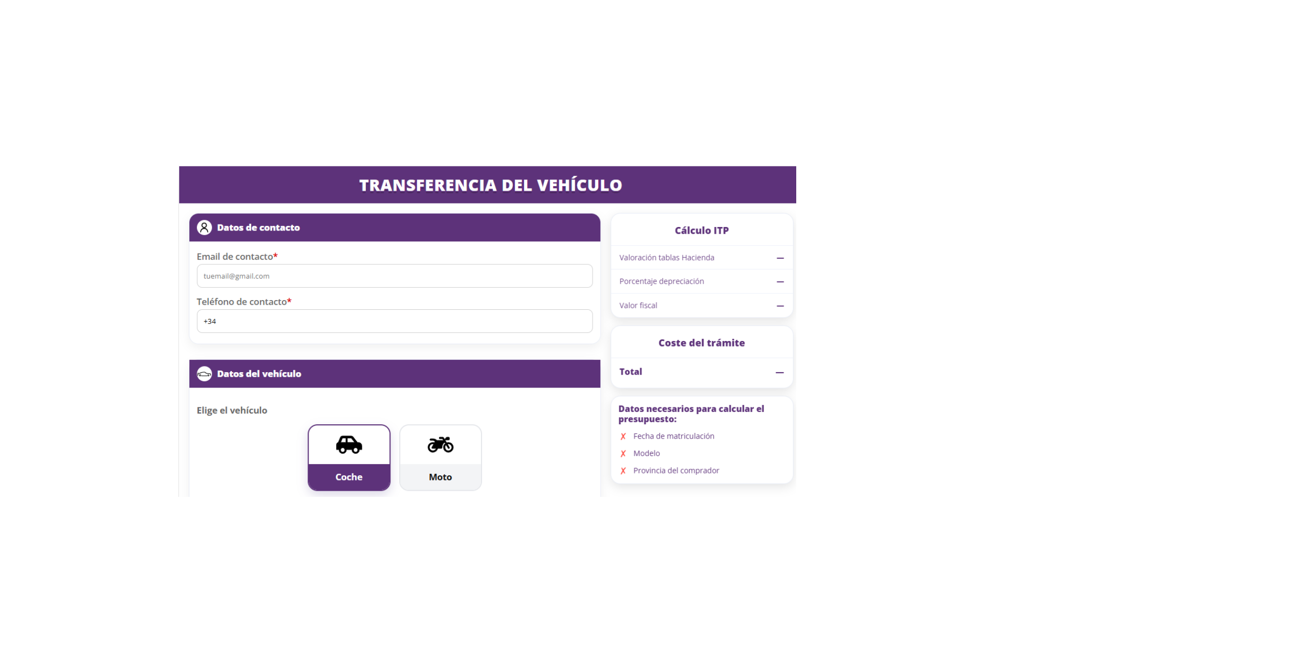 Tarificador online para calcular la transferencia de un vehículo