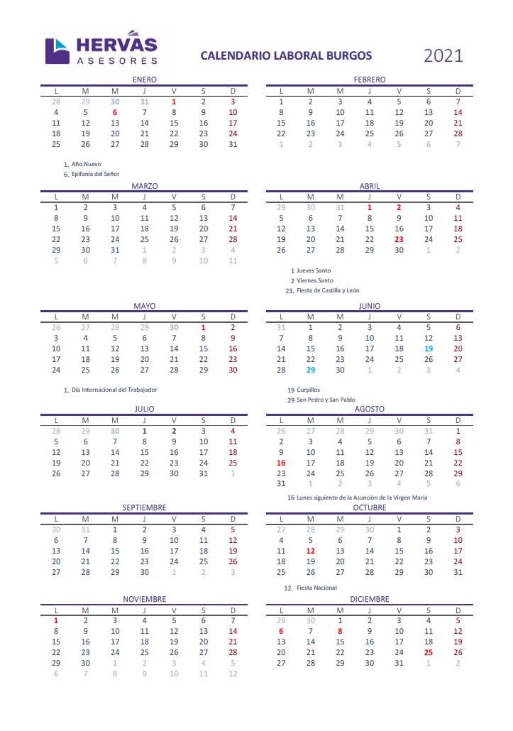 Calendarios Laborales 2021 Burgos