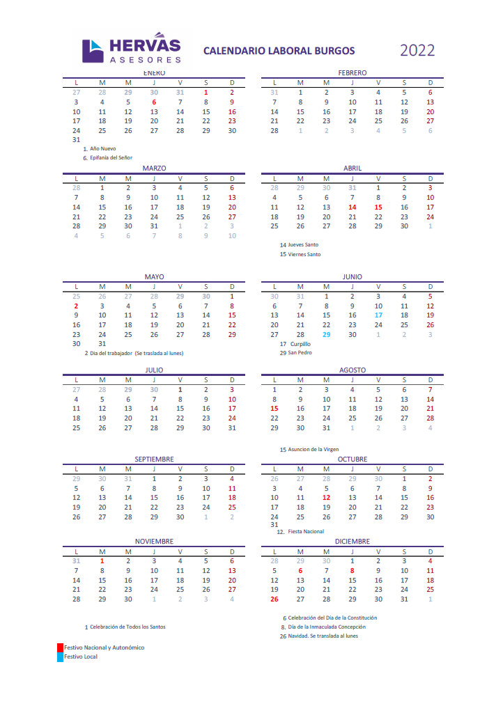 Calendarios Laborales 2022 Burgos