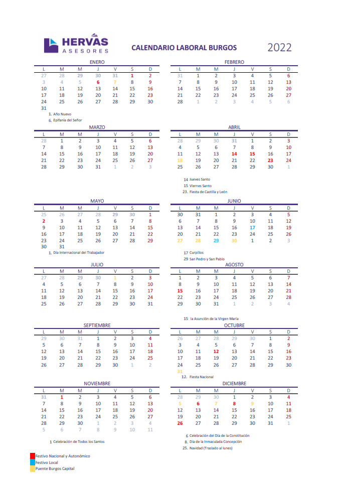 Calendarios Laborales 2022 Burgos