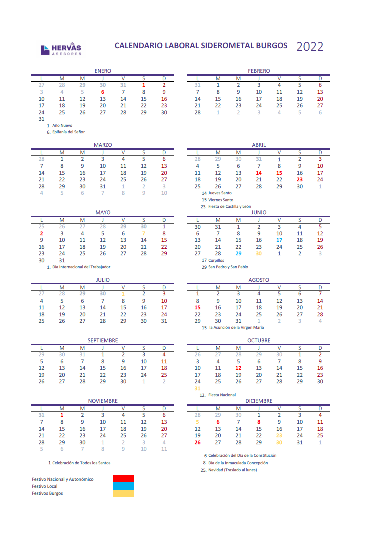 Calendarios Laborales 2022 Burgos