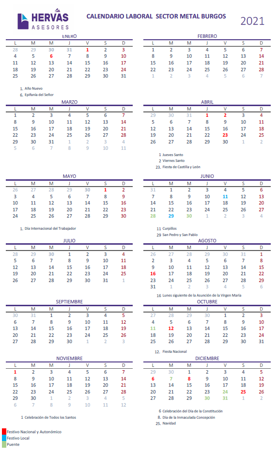 Calendarios Laborales 2021 Burgos