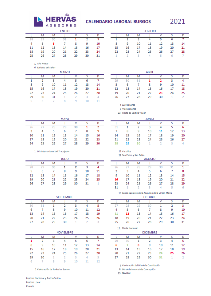 Calendarios Laborales 2021 Burgos